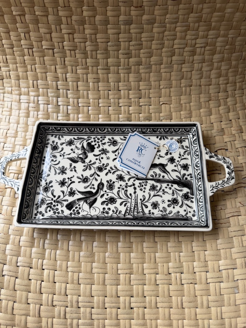 Real Ceramica Rectangular Black & White Floral Ceramic Serving Tray Portugal